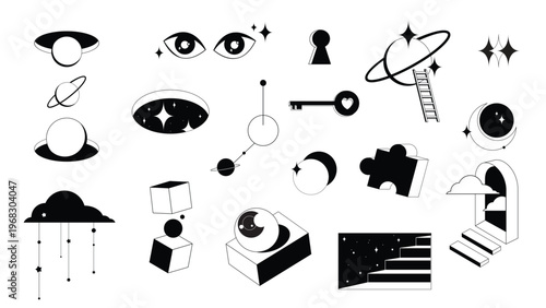 Surreal geometric door to psychedelic space, vector icons isolated on white background. Abstract portals with stairs, optical illusion in retro style. 3D fantasy contemporary eyes, key and planets
