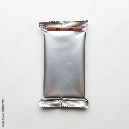 A shiny silver foil wrapped chocolate bar package