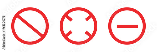 Sign forbidden. Icon symbol ban. Circle sign stop entry and slash line isolated on white background. Mark prohibited. Round cross logo restrict entrance. Signal cancel enter. Vector illustration