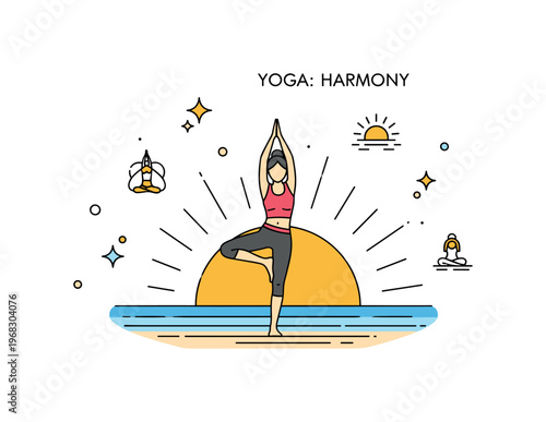 Yoga at sunrise beach practice scene where a person stretches in a standing pose while small sparkle and line icons emphasize focus, harmony, and sunrise glow.