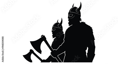 Two viking warriors with horned helmets in dramatic silhouette
