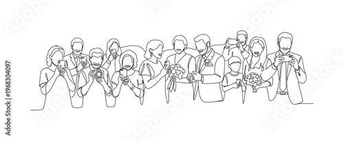 Wedding Attendees. Minimalistic one-line drawing group of family members taking photos and chatting, continuous single black line on white background, simple