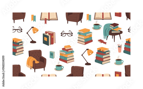 bookworm seamless pattern, repeating pattern, surface design, textile print, modern illustration of books, reading glasses, bookmarks, open books, stacks of