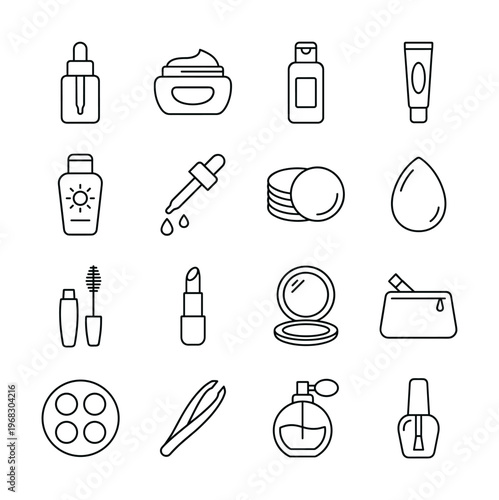Collection of cosmetic and beauty product line art icons on a white background