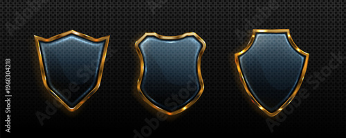 3d transparent glass shields with protective gold metal frame, realistic light effect, vector icons isolated on background for security design. Guard badge with clean texture, safety emblem, insurance
