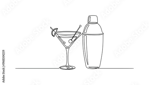 Cocktail Drinks. Minimalistic one-line drawing martini glass with garnish and cocktail shaker, continuous single black line on white background, simple outline