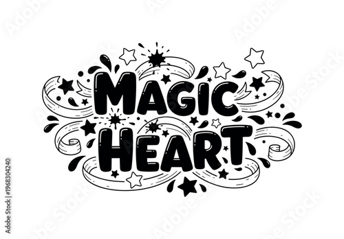 Magic Heart. lettering and all elements in black. Vector style. AWhite background. Pure white background. Perfect isolation and visual consistency. Funky