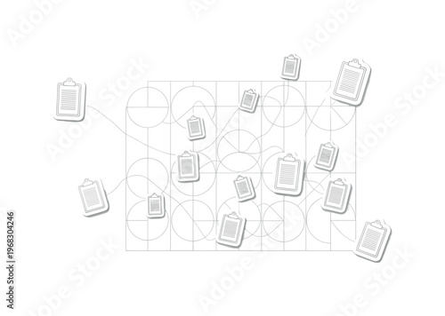 department allocation circular grids thin lines and abstract clipboard icons realistic monochrome chart showing task or resource division among teams with