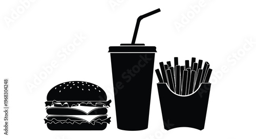 Fast food meal including burger fries and soda a silhouette