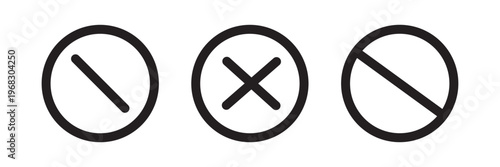 Sign forbidden. Icon symbol ban. Circle sign stop entry and slash line isolated on white background. Mark prohibited. Round cross logo restrict entrance. Signal cancel enter. Vector illustration