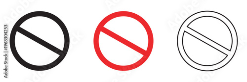 Sign forbidden. Icon symbol ban. Circle sign stop entry and slash line isolated on white background. Mark prohibited. Round cross logo restrict entrance. Signal cancel enter. Vector illustration