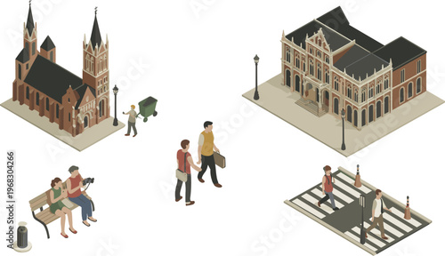 Isometric, European, city, illustration, architecture, people, street, urban, buildings, landmark, lifestyle, tourism, travel, culture, 3D, vector, design, scene, concept