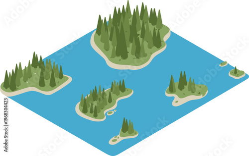 Isometric, island, map, illustration, ocean, archipelago, nature, landscape, water, forest, tropical, terrain, 3D, vector, environment, travel, scenic, design, concept
