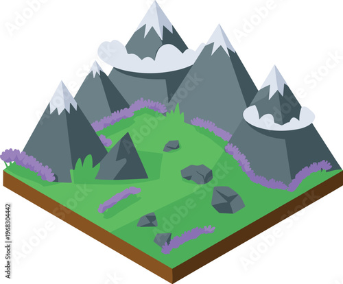 Isometric, mountain, landscape, 3D, illustration, nature, terrain, peaks, rocks, clouds, green, meadow, outdoor, scenic, environment, vector, design, background, fantasy, concept