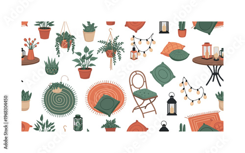 balcony accessories icons seamless pattern, repeating pattern, surface design, textile print, modern illustration of potted plants, hanging planters, garden