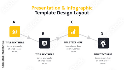 Infographic displaying zigzag process flow with four square elements and different icons