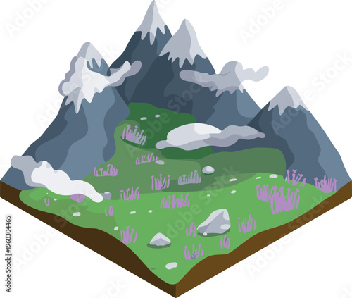 Isometric, mountain, landscape, illustration, 3D, nature, terrain, hills, rocks, clouds, green, meadow, scenic, environment, outdoor, vector, design, background, fantasy, concept