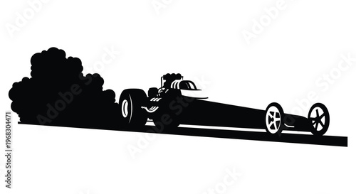 Vintage drag racer speeding leaving smoke trail striking black silhouette