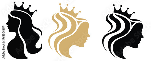 Queen and Princess silhouette logos featuring elegant royal profiles, crowns, and refined feminine forms, designed in a clean vector style suitable for branding, fashion identity, beauty products,