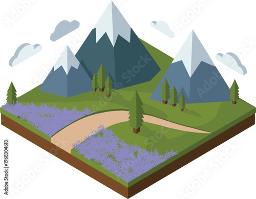 Isometric, mountain, landscape, illustration, nature, terrain, path, flowers, forest, scenic, environment, outdoor, 3D, vector, design, background, travel, concept, meadow