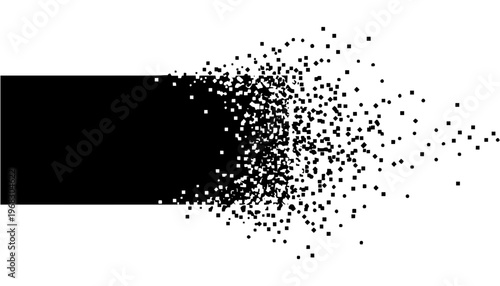 A black vector illustration of particles exploding into a white background