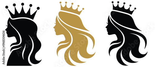 Queen and Princess silhouette logos showcasing graceful royal figures with crown elements and minimal outlines, crafted as professional vector illustrations ideal for boutique branding, salon logos, 
