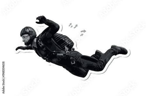 aerodynamic suit circular shapes thin lines and abstract airflow icons realistic monochrome skydiver in streamlined suit with straps and safety features with