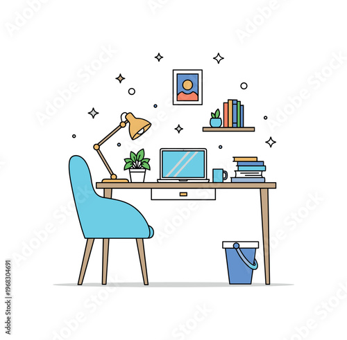 Quiet apartment study corner concept where a desk with laptop, books, and a plant conveys focus while tiny sparkle and star icons highlight concentration,