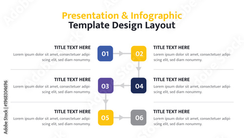Infographic flowchart template with six numbered steps and connecting arrows