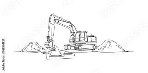 Earthwork Excavation. Minimalistic one-line drawing excavator digging foundation with piles of dirt nearby, continuous single black line on white background,