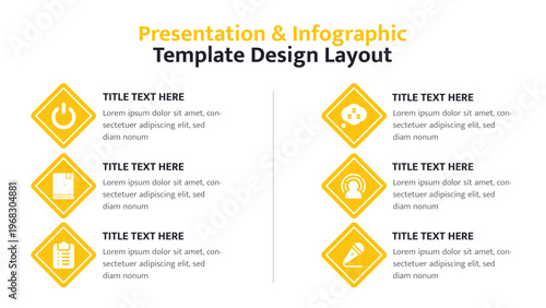 Infographic presentation layout with multiple yellow diamond shaped icons and text