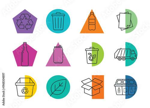 Collection of recycling and waste management icons for environmental awareness