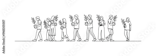Green Community. Minimalistic one-line drawing people carrying saplings to planting site, continuous single black line on white background, simple outline