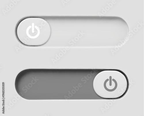 Modern 3D toggle switch icons with slider button, on and off mode, realistic vector illustration. Grey vector UI element for web interface design, active and inactive states