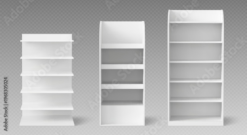 White supermarket shelf displays, empty shelves for product placement, realistic vector template isolated on transparent background. Clean retail rack mockup for store merchandising, shop furniture