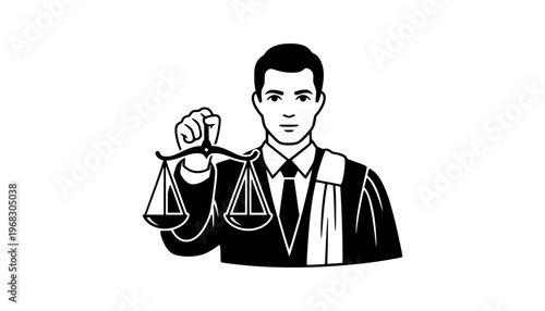 A lawyer holding scales of justice in a black and white illustration