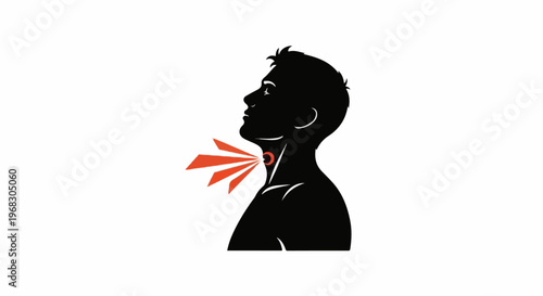 Silhouette of a person's head and neck emitting sound waves