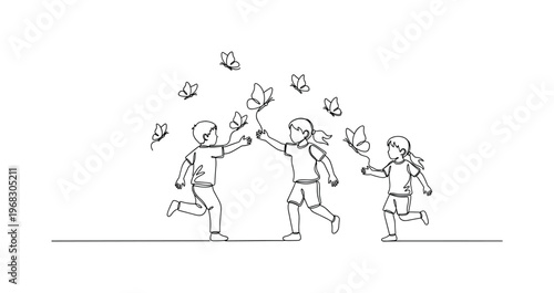 May Outdoor Fun. Minimalistic one-line drawing children running with butterflies around, continuous single black line on white background, simple outline