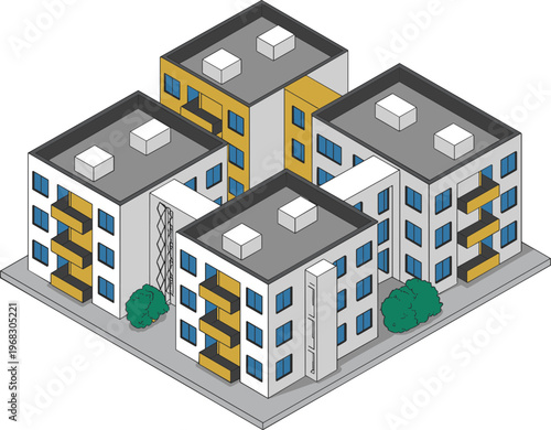 Modern isometric apartment complex with multiple residential buildings, balconies and green spaces, urban housing development architecture in clean minimal style