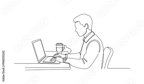 Article Writing. Minimalistic one-line drawing individual writing opinion article on computer with coffee, continuous single black line on white background,