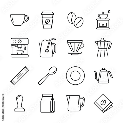 Collection of coffee making equipment and accessories in a clean line art style