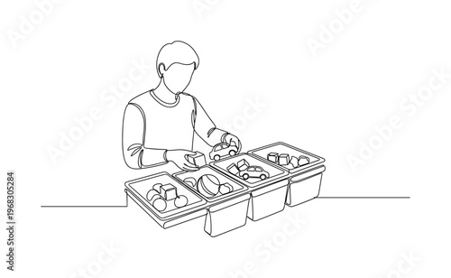 Toy Organization Task. Minimalistic one-line drawing person placing toys into organized bins, continuous single black line on white background, simple outline