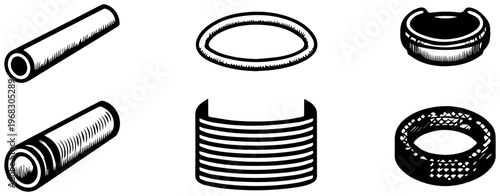 Set of four minimalist black and white line art icons representing mechanical components or engineering elements isolated on a clean white background suitable for technical