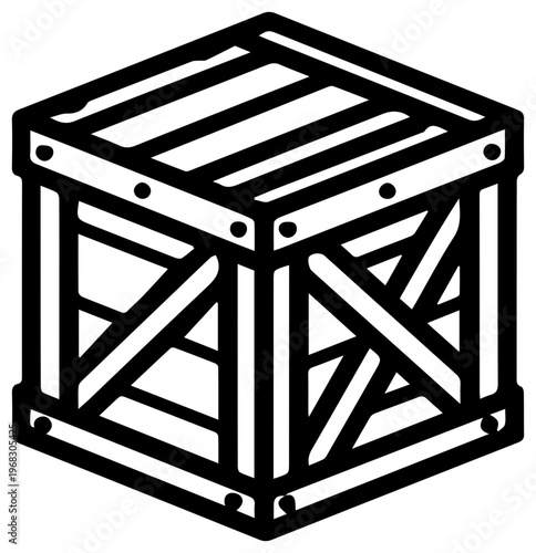 Simple black and white isometric line art icon representing a rustic wooden crate with visible planks and cross bracing suitable for logistics shipping or storage concepts