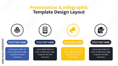 Infographic presentation template with four circular icons and editable text blocks