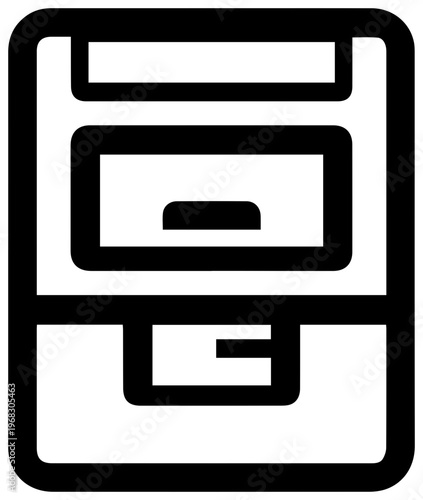 Minimalist black line art icon representing an automated teller machine or bank kiosk for financial transactions cash withdrawal and digital banking services isolated on a clean