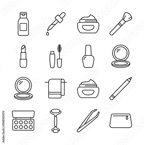 Collection of cosmetic and beauty product line art icons
