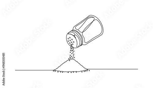 Salt Spill. Minimalistic one-line drawing salt pouring onto table from shaker, continuous single black line on white background, simple outline style, no