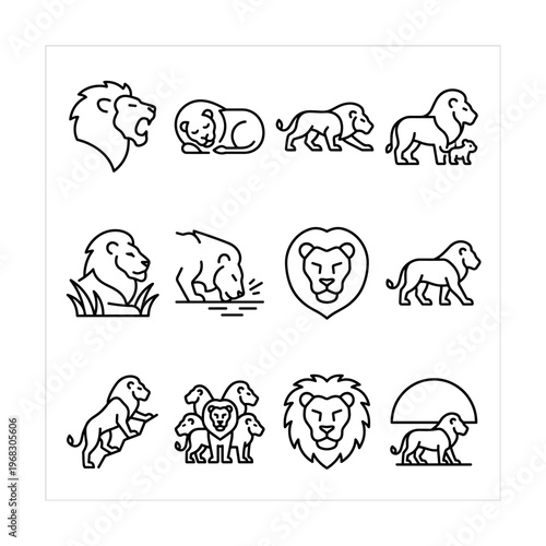 Collection of stylized lion icons in various poses and settings