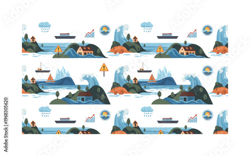 rising sea levels seamless pattern, repeating pattern, surface design, textile print, modern illustration of flooded coastlines, waves, submerged houses,